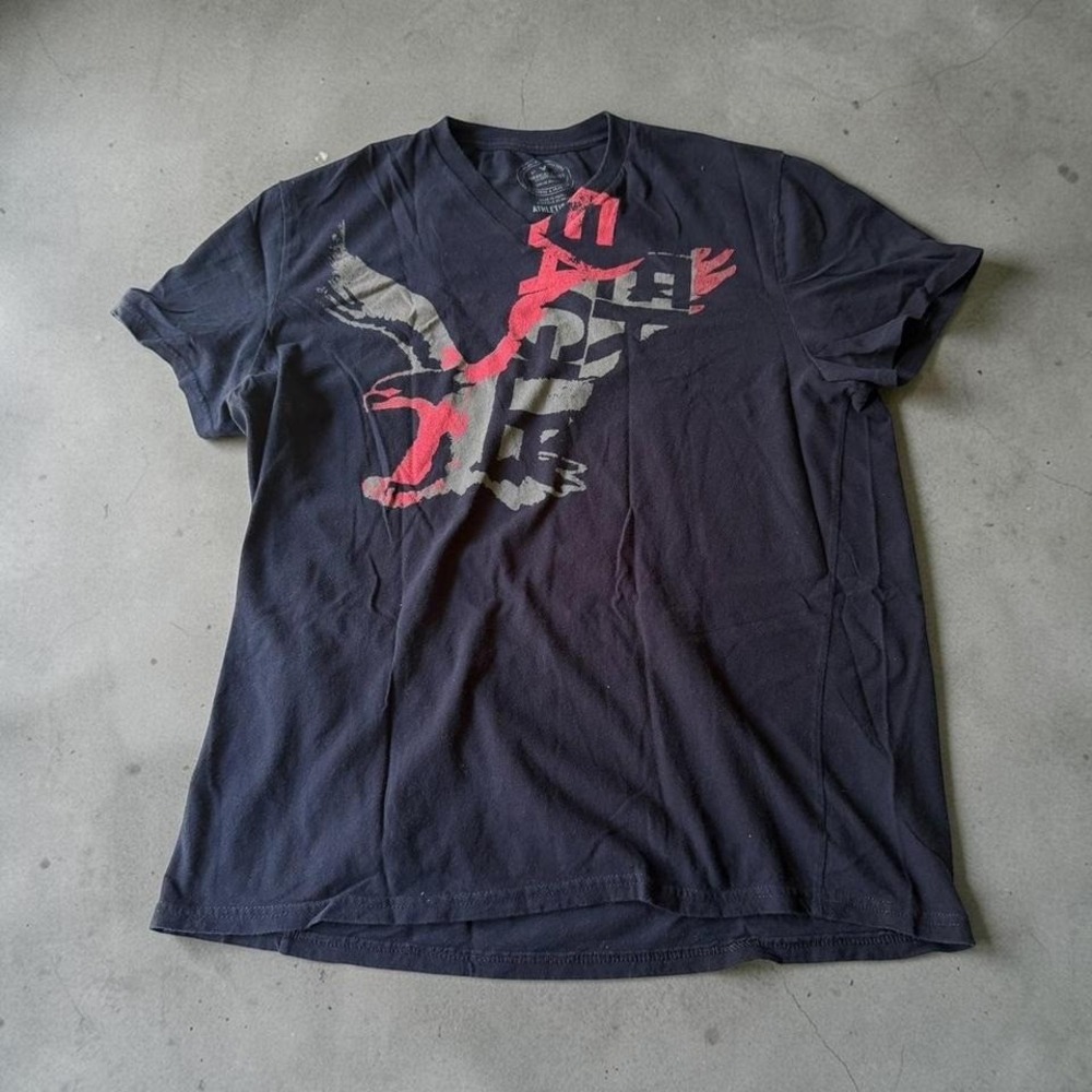 American Eagle Outfitters Mens Graphic V-Neck T-Shirt Navy Blue Athletic Fit L